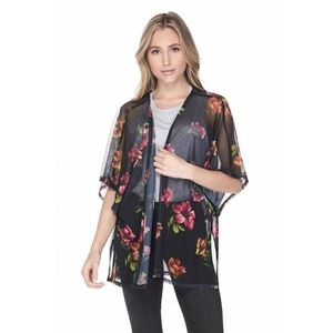 NEW Floral Print Sheer Black Kimono Cover Up